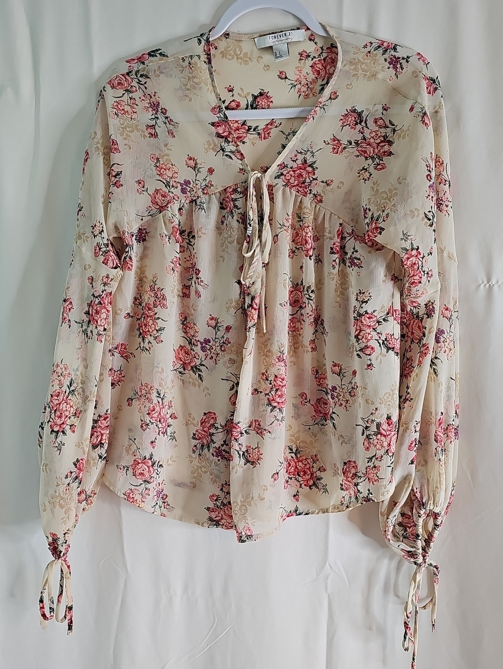 Forever 21 Cream Floral Tie-Front Long-Sleeve Blouse